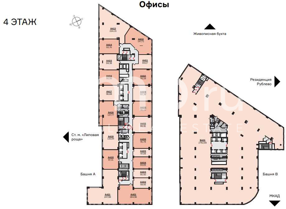 Планировка офиса 95.19-446.79 м², 4 этаж, Бизнес-парк «Rublevo Business Park»